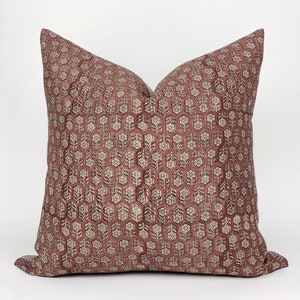 MARGEAUX Designer Dark Amber Floral Linen Pillow Cover, Block Print Pillow, Rust Red Pillow, Muted Pillow Cover, Floral Pillow Cover image 2