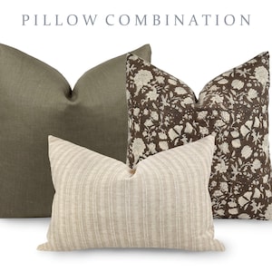 PILLOW COMBO | Fall Pillow Combination, Camel Floral Pillow, Green Pillow, Beige Stripe Pillow, Pillow Set, Sofa Pillow Set, Pillow Combo