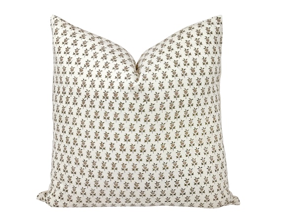 GLORIA | Designer Mocha Olive Floral Linen Pillow Cover, Block Print Pillow, Small Floral Print, Light Brown Floral Pillow, Spring Pillow