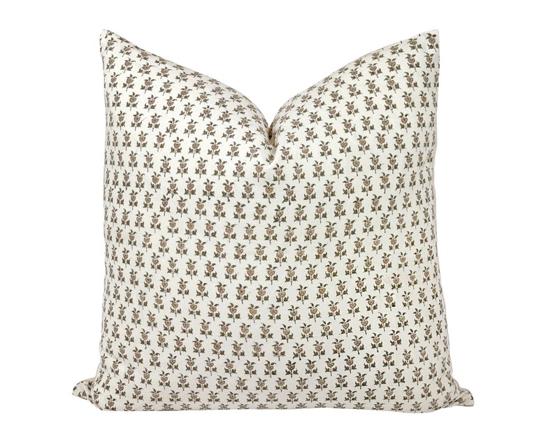 GLORIA | Designer Mocha Olive Floral Linen Pillow Cover, Block Print Pillow, Small Floral Print, Light Brown Floral Pillow, Spring Pillow bild 1