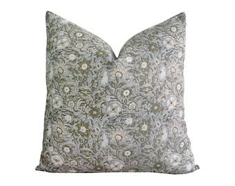 COVE | Designer Blue Grey Linen Pillow Cover, Block Print Pillow, Farmhouse Pillow, Blue Grey Pillow, Hand Printed Pillow, Floral Pillow