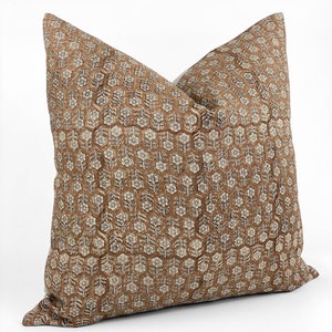 MARGEAUX TAN Designer Camel Floral Linen Pillow Cover, Block Print Pillow, Caramel Color Pillow, Muted Pillow Cover, Brown Floral Pillow image 5