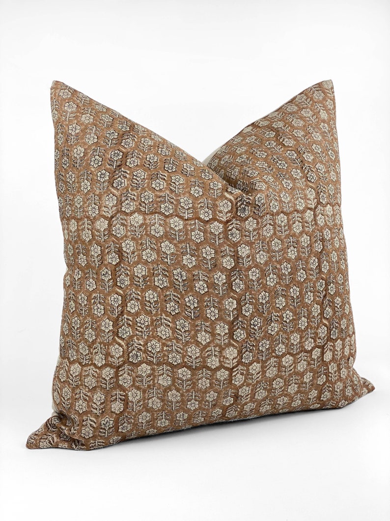 MARGEAUX TAN Designer Camel Floral Linen Pillow Cover, Block Print Pillow, Caramel Color Pillow, Muted Pillow Cover, Brown Floral Pillow image 5