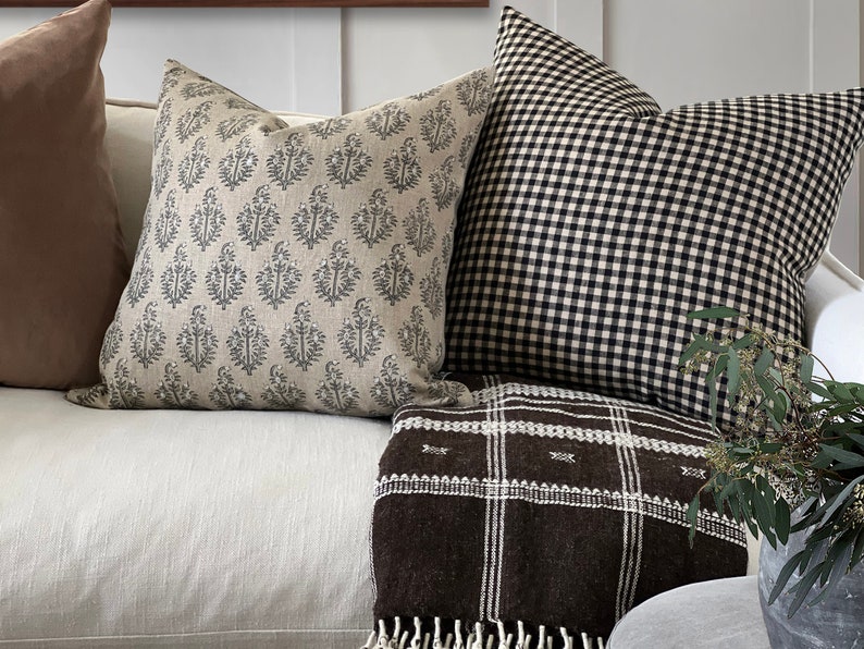 PAISLEY | Designer Sand Fog Linen Pillow Cover, Block Print Pillow, Grey Blue Floral Print Pillow, Beige Floral Pillow, Fall Pillow Cover image 6