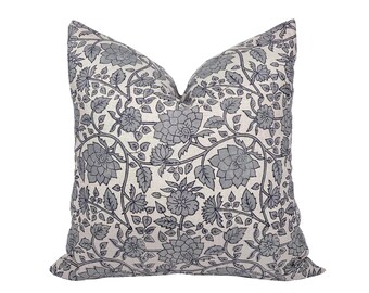MAREN | Designer Blue Grey Linen Pillow Cover, Block Print Pillow, Farmhouse Pillow, Blue Floral Pillow, Grey Floral Pillow, Exclusive Print