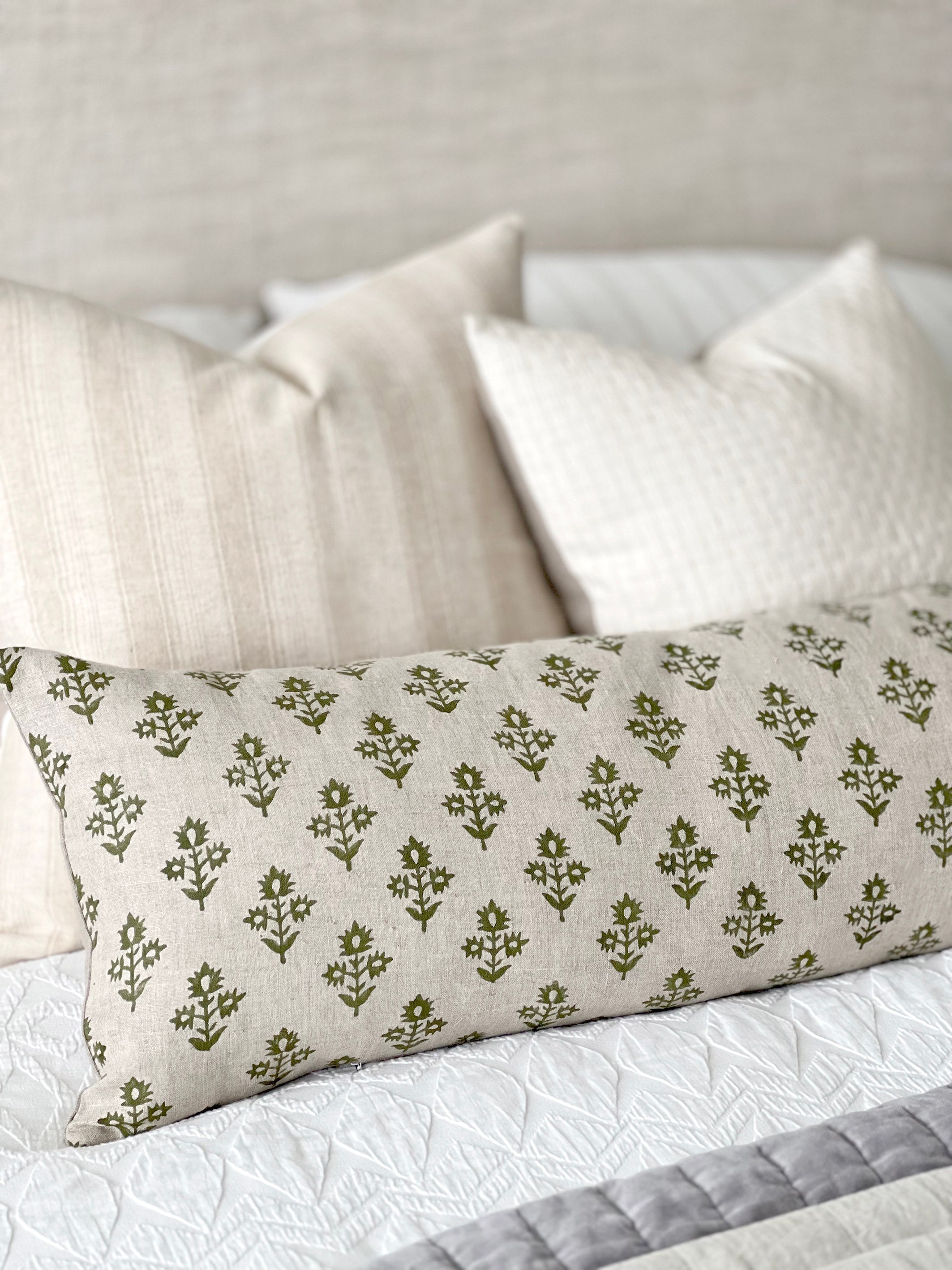 HADLEY Long Lumbar Designer Hunter Green Floral Linen Pillow Etsy Canada