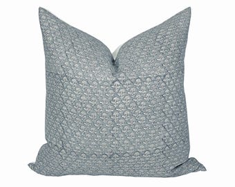 MIST | Designer Blue Grey Linen Pillow Cover, Block Print Pillow, Farmhouse Pillow, Blue Floral Pillow, Grey Floral Pillow, Spring Pillows