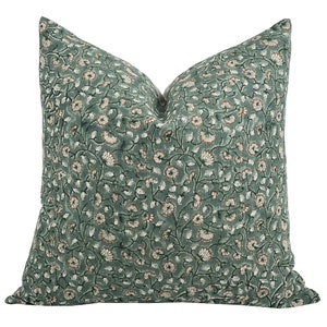 CLOVE | Designer Green Floral Linen Pillow Cover, Block Print Pillow, Jewel Tone Pillow, Teal Green Pillow Cover, Fall Floral Pillow