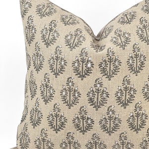 PAISLEY | Designer Sand Fog Linen Pillow Cover, Block Print Pillow, Grey Blue Floral Print Pillow, Beige Floral Pillow, Fall Pillow Cover image 3