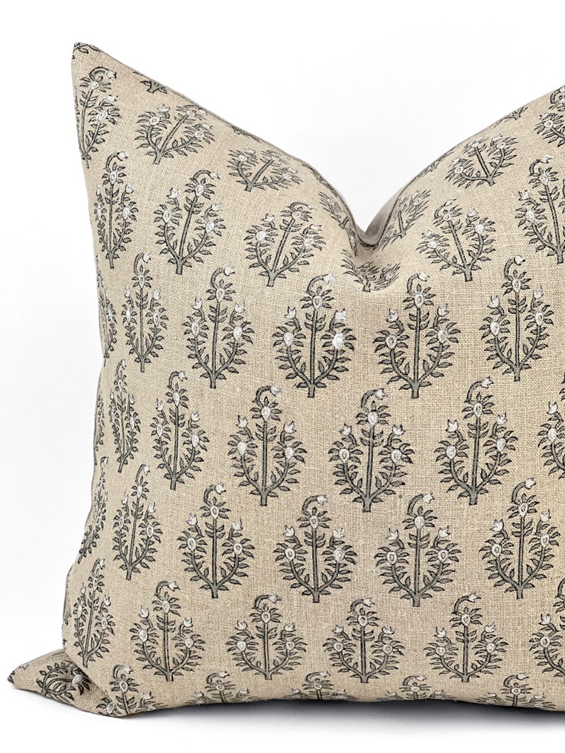 PAISLEY | Designer Sand Fog Linen Pillow Cover, Block Print Pillow, Grey Blue Floral Print Pillow, Beige Floral Pillow, Fall Pillow Cover image 3