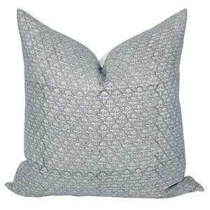 MIST | Designer Blue Grey Linen Pillow Cover, Block Print Pillow, Farmhouse Pillow, Blue Floral Pillow, Grey Floral Pillow, Spring Pillows