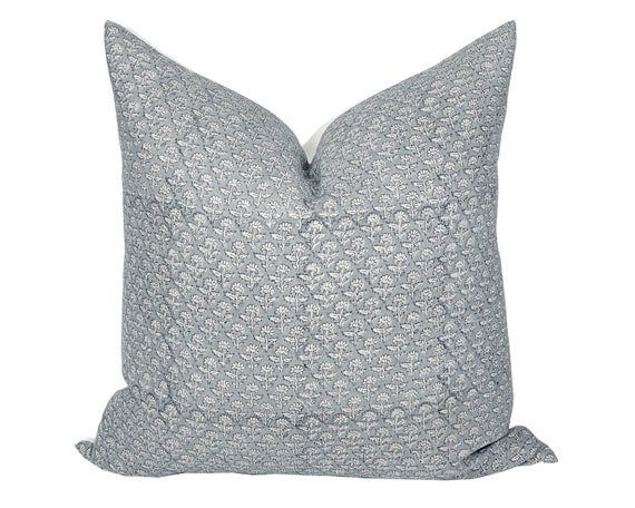 MIST Designer Blue Grey Linen Pillow Cover Block Print Pillow Farmhouse Pillow Blue Floral Pillow Grey Floral Pillow Spring Pillows Etsy