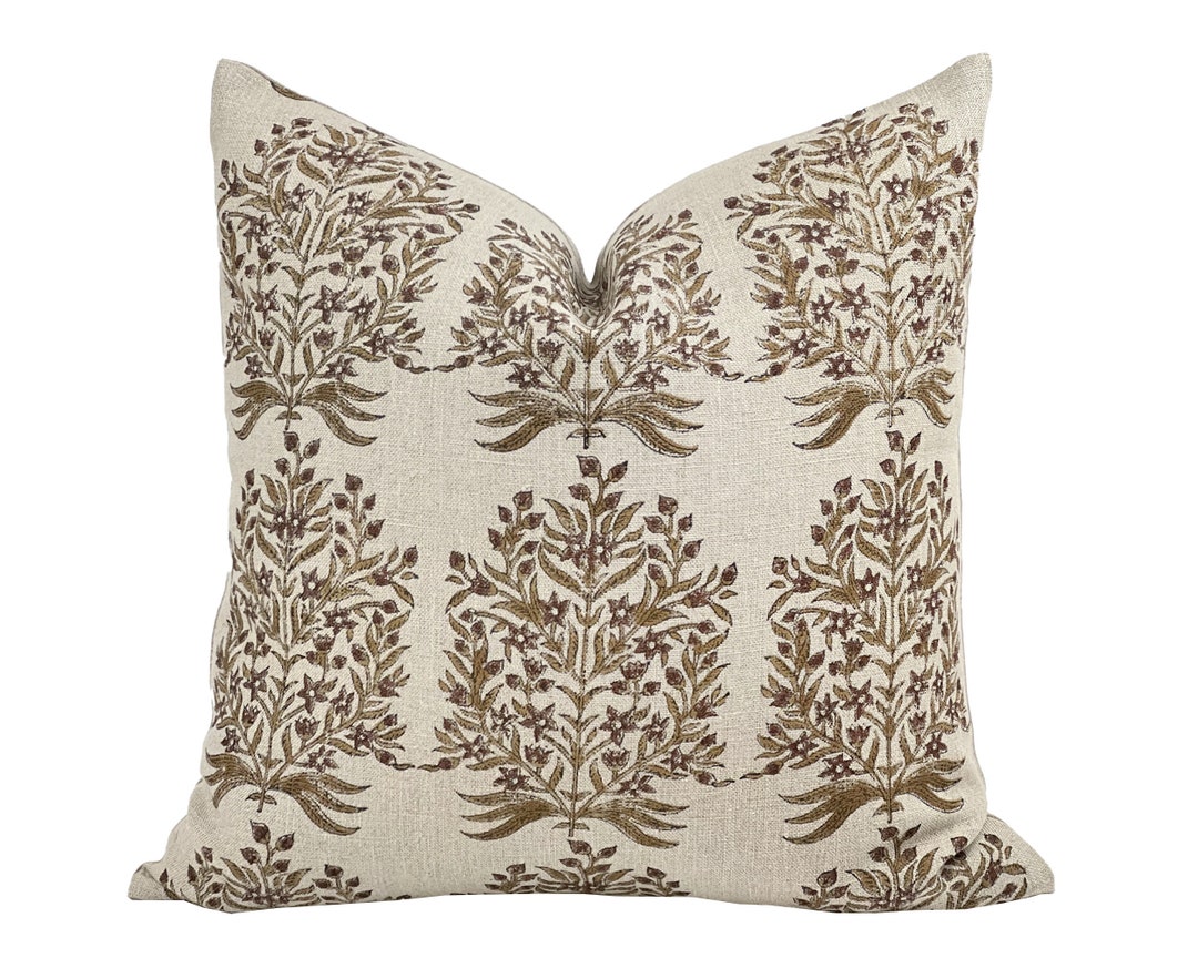 ASTERIA Designer Brown Ochre Floral Linen Pillow Cover, Block Print