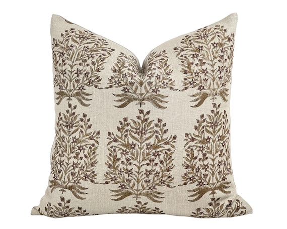 ASTERIA | Designer Brown Ochre Floral Linen Pillow Cover, Block Print Pillow, Large Floral Print Pillow, Dark Brown Floral Pillow