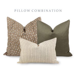PILLOW COMBO | Warm Neutrals, Camel Floral Pillow, Green Pillow, Cream Stripe Pillow, Pillow Combination, Sofa Pillow Set, Fall Pillow Combo