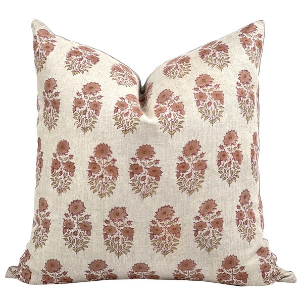 ROUX | Designer Terracotta Floral Linen Pillow Cover, Block Print Pillow, Rust Red Pillow, Muted Red Pillow Cover, Fall Pillow Cover