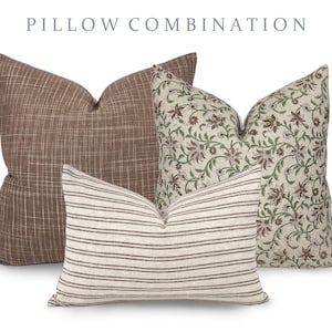 PILLOW COMBO | Warm Neutrals, Brown Flecked Pillow, Earthy Floral Pillow, Striped Pillow, Pillow Combination, Sofa Pillow Set, Pillow Combo
