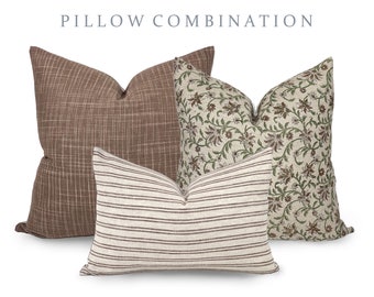 PILLOW COMBO | Warm Neutrals, Brown Flecked Pillow, Earthy Floral Pillow, Striped Pillow, Pillow Combination, Sofa Pillow Set, Pillow Combo