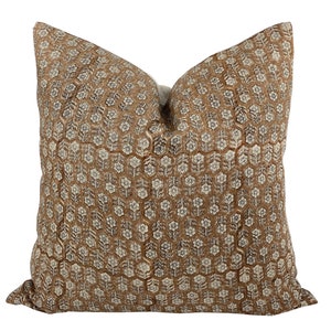 MARGEAUX TAN Designer Camel Floral Linen Pillow Cover, Block Print Pillow, Caramel Color Pillow, Muted Pillow Cover, Brown Floral Pillow image 1