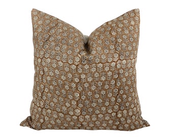 MARGEAUX TAN | Designer Camel Floral Linen Pillow Cover, Block Print Pillow, Caramel Color Pillow, Muted Pillow Cover, Brown Floral Pillow