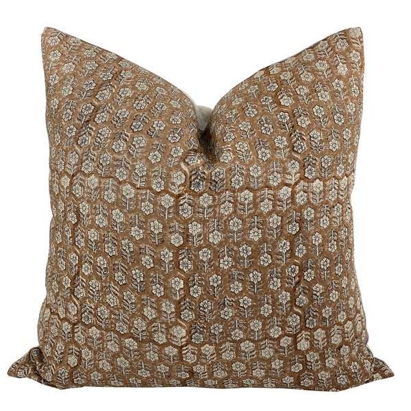 MARGEAUX TAN | Designer Camel Floral Linen Pillow Cover, Block Print Pillow, Caramel Color Pillow, Muted Pillow Cover, Brown Floral Pillow