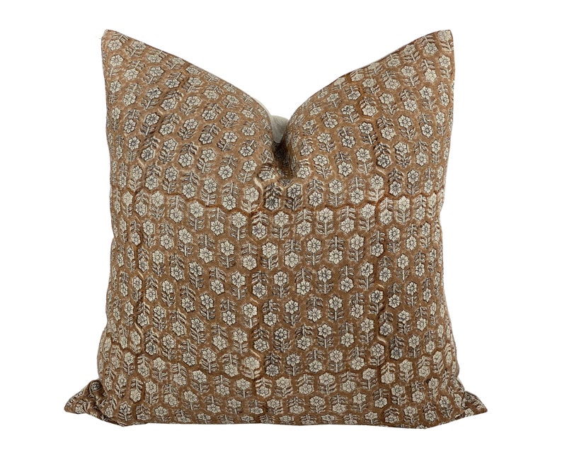 MARGEAUX TAN Designer Camel Floral Linen Pillow Cover, Block Print Pillow, Caramel Color Pillow, Muted Pillow Cover, Brown Floral Pillow image 1