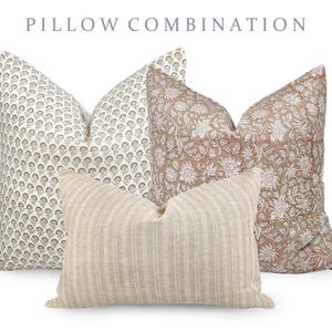 PILLOW COMBO | Warm Neutrals, Floral Pillow, Rust Floral Pillow, Beige Stripe Pillow, Pillow Combination, Sofa Pillow Set, Neutral Pillows