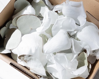 White Preserved Rose Petals Confetti | Wedding Flower Petals | Biodegradable Toss Petals | Bridal Exit Decor | Dried Eucalyptus Leaves