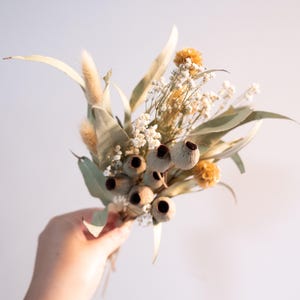 May include: A small bouquet of dried flowers and seed pods. The arrangement features green eucalyptus leaves, small white flowers, and tan-colored seed pods and fluffy accents. The bouquet is tied together with a natural twine.