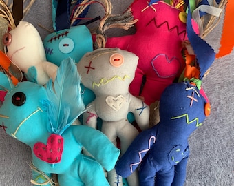VOODOO DOLLS - 22cm. Uniquely handcrafted from recycled fabrics. Will customize or supply larger quantities for fun times.  Pins included.