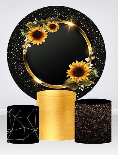 15 OFF 2pcs FABRIC BACKDROP Round stand frame pillars cylinderscustom designs Birthday party banner black golden sunflowers