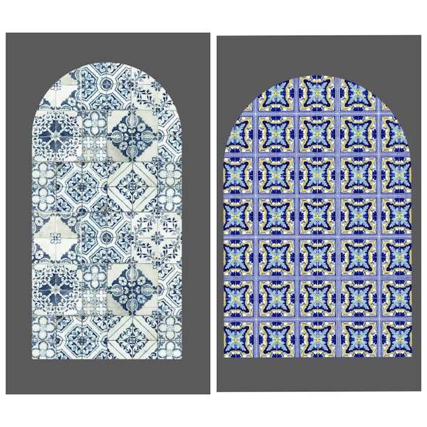 Arched FABRIC BACKDROP. Highest Quality. Without stand frame. Custom design, color and size Portugal blue and white tile