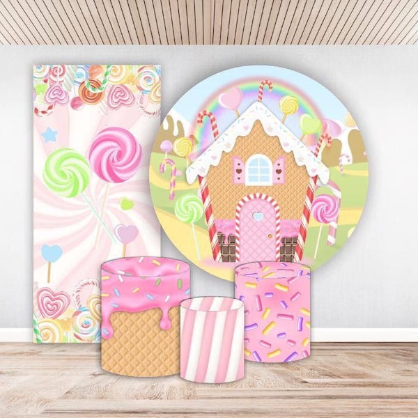 FABRIC BACKDROP, Round stand frame, pillars cylinders,custom , Birthday party ,Gingerbread house donut bakery, ice cream, candy land