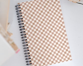 Tan and White Checker Print Spiral Notebook, Trendy Gift, Checkerboard Print, Gifts for Her