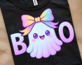 Pastel Ghost PNG: Kawaii Halloween Clipart with Rainbow Bow (Digital Download 300 DPI)