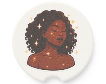 Diva - Posavasos para coche / Arte de mujer negra serena, rizos naturales, diseño brillante
