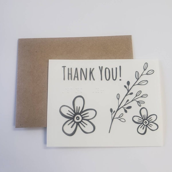 Tactile Braille Thank You Card for Kids Teens Adults Flower Floral Design in Tactile Print and Braille A2 Greeting Card Blind Low Vision