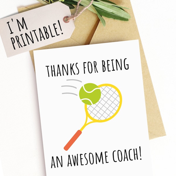 Printable Thank You Card for Tennis Coach Tennis Pro Card for Him Card for Her Kids Tennis Coach High School Team Coach Moving Card