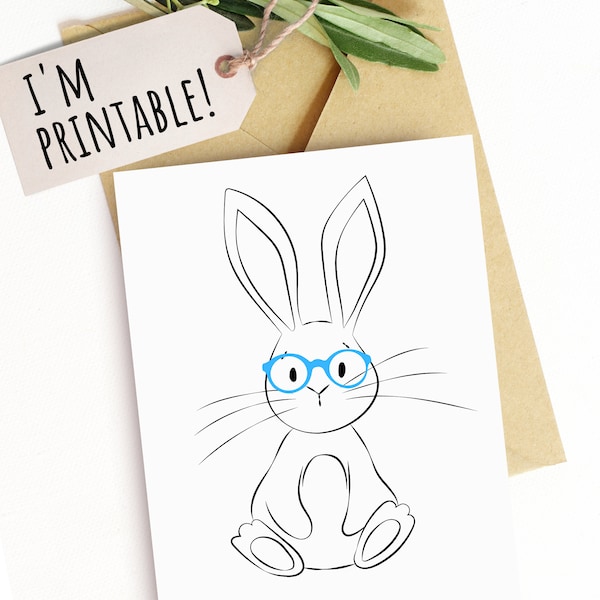 Printable Easter Card for Kids Boys Girls Cute Bunny with Blue Glasses Simple Trendy Minimalist Card for Easter Gift Tween Teens