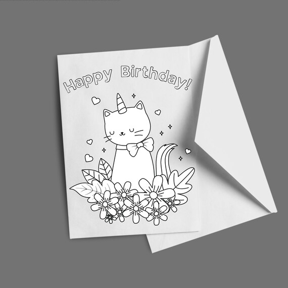 printable birthday card coloring page cat unicorn caticorn etsy