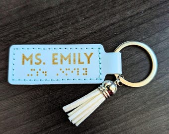 Custom Simulated Braille Teacher Keychain Gift Idea for Back to School Personalized Tag for Lanyard Wristlet Accessory Braillist TVI Gift