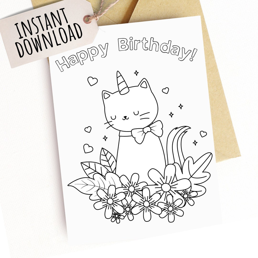 Printable Birthday Card for Kids Cat Birthday Card for Girls Coloring ...