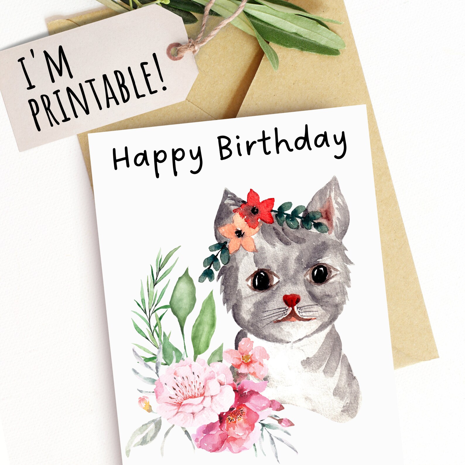 Printable Happy Birthday Cat Floral Watercolor Style Print Card Kids ...