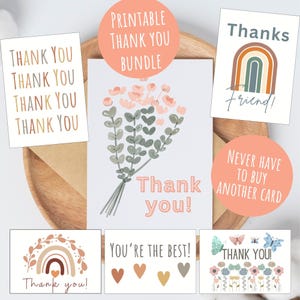 Afdrukbare bedankkaart Bundel van 6 kaarten Bloemen bedankt vriendenkaart Medewerker leraar bedankkaarten Kaarten in bohostijl grote letter downloaden