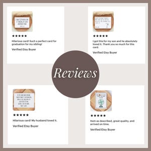May include: Four customer reviews for a funny greeting card. The cards feature humorous text on a wooden background. The reviews are all five stars.