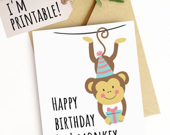 Printable Birthday Card for Kids Monkey Card for Girls Birthday Card for Boys Card for Grandson Birthday Card for Friends Card for Nephew