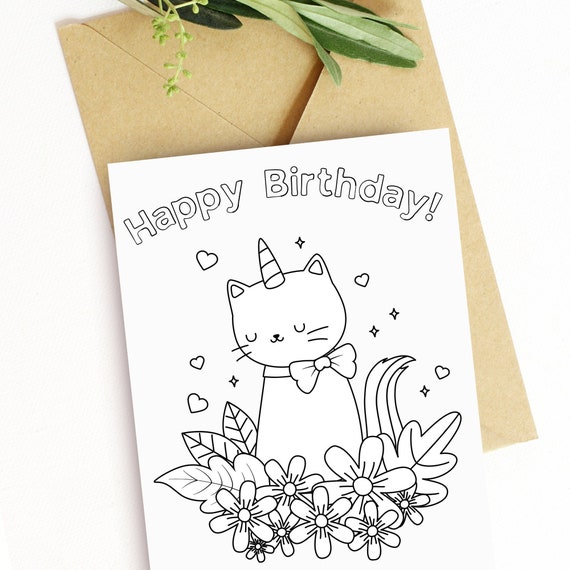 printable birthday card coloring page cat unicorn caticorn etsy