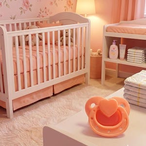 Peut inclure: Une chambre de bébé aux tons pêche et blancs. Un lit bébé blanc avec une literie pêche et une jupe est visible. Une sucette pêche avec un cœur repose sur une table blanche. La pièce présente du papier peint floral.