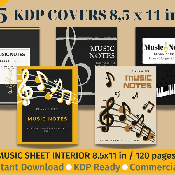 5 couvertures de livres KDP, couvertures minimales pour carnet de musique, 1 intérieur de feuille de musique vierge KDP, notes de musique à usage commercial, prêt à télécharger Pdf