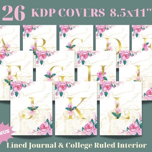 May include: 26 printable book covers featuring a gold letter on a white marble background with pink floral accents. The covers are 8.5 x 11 inches and include a bonus lined journal and college ruled interior.